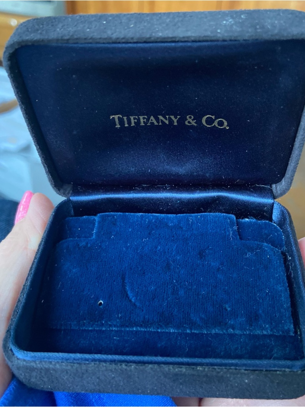 Tiffany & Co. Deep Blue Velvet Ring Box with black Suede jewelry case